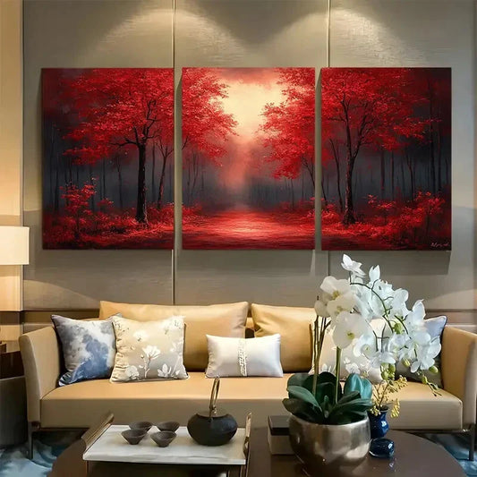 3pcs Vibrant Enchanted Red Tree Forest Metal Print Ready to Hang Art