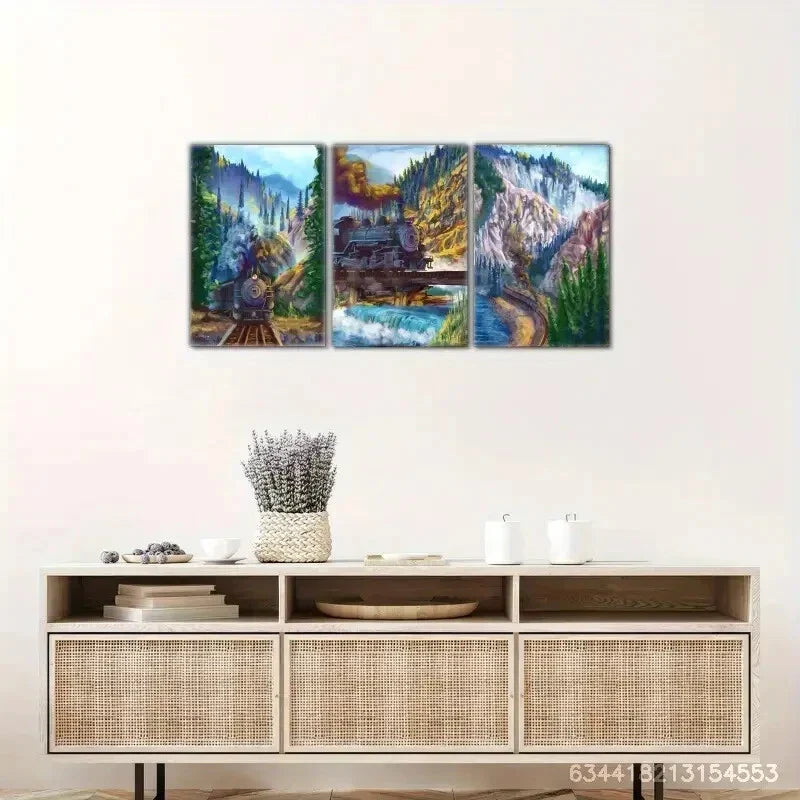 3pcs Train in the Forest Canvas Art Set Metal Print Ready to Hang Art