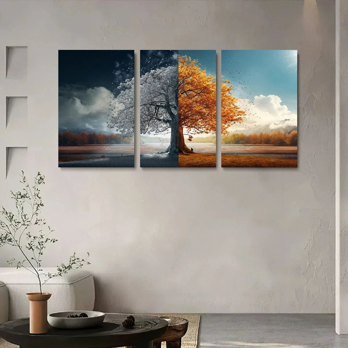 3pcs Yellow and White Tree of Life Scene Metal Print Ready to Hang Art