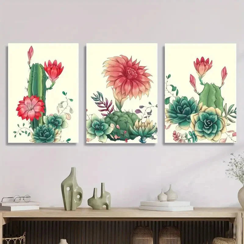 3pcs Cactus and flower art, cactus with red flower Metal Print Ready to Hang Art