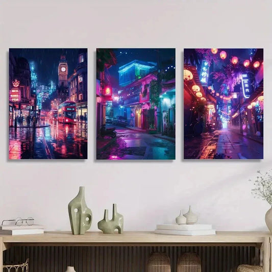 3pcs Night Scene under Neon Lights, Metal Print Ready to Hang Art