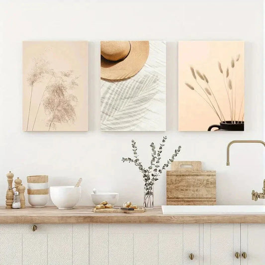 3pcs Vacation Hat Bunny Grass Reed Grass Modern Metal Print Ready to Hang Art