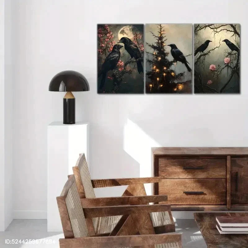 3pcs Aesthetic Display Crow Print Animal Portrait Metal Print Ready to Hang Art