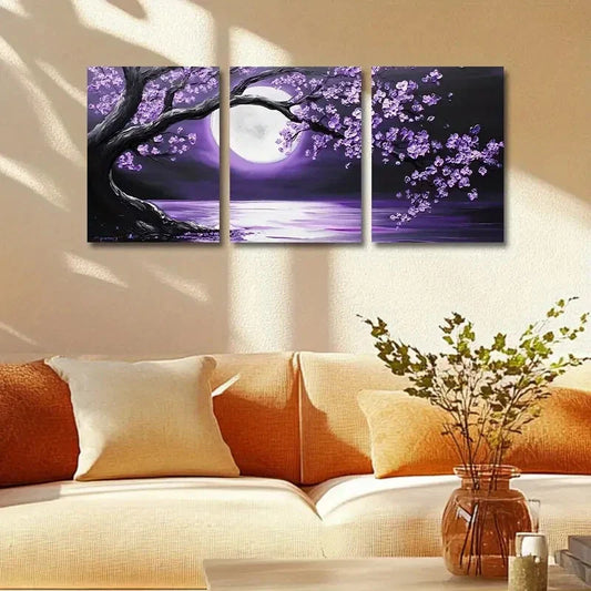 3pcs Purple Cherry Blossom Moonlit Night Metal Print Ready to Hang Art