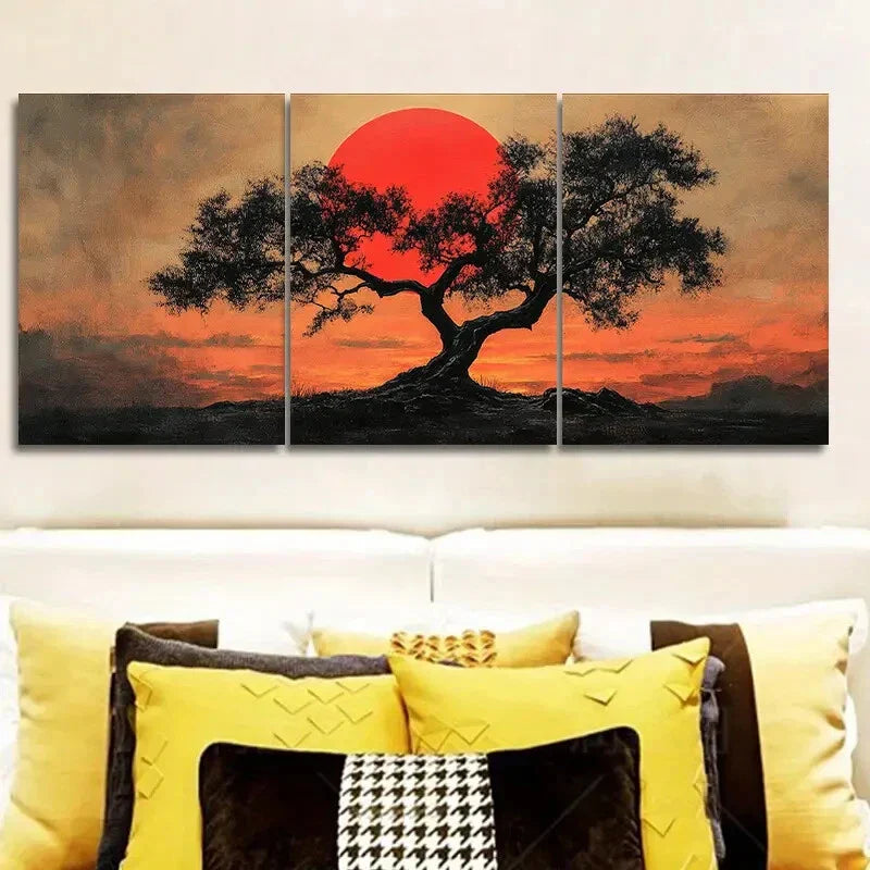3pcs The Red Sun Tree Art Painting Metal Print Ready to Hang Art