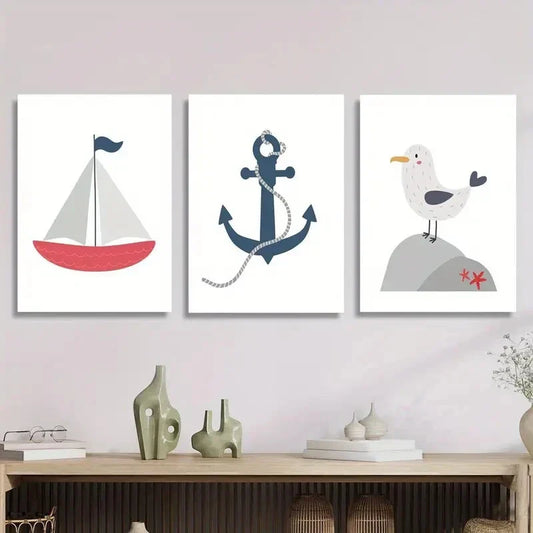 3pcs Cartoon ocean poster navy red sailboat Metal Print Ready to Hang Art