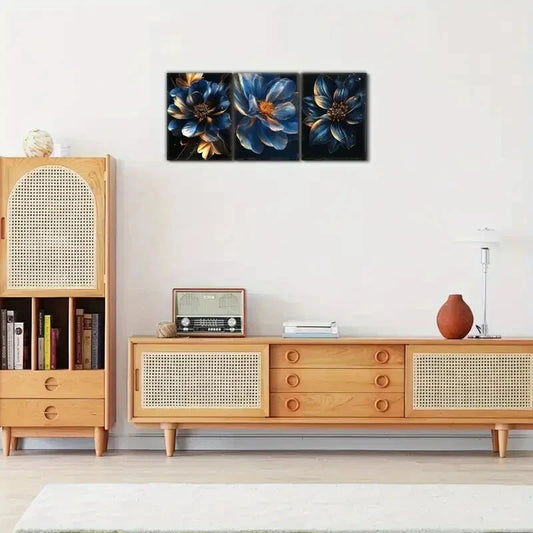 3pcs Blue and Golden Floral Art Deco Poster Metal Print Ready to Hang Art