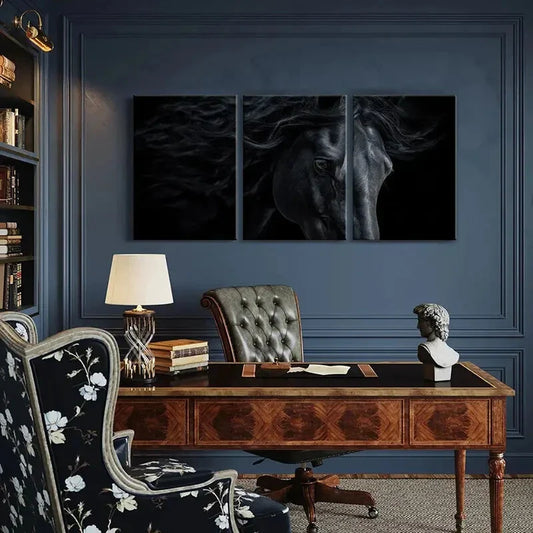 3pcs Black Horse Art Equestrian Decor Metal Print Ready to Hang Art