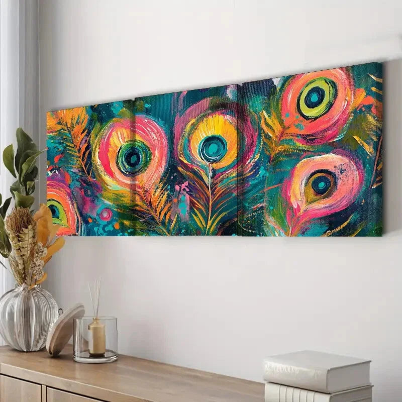 3pcs Peacock Feather Design Colorful Bright Wall Art Set Canvas Framed 40x60cm - High Quality Print 100% Australian Made Wall Canvas Ready to Hang