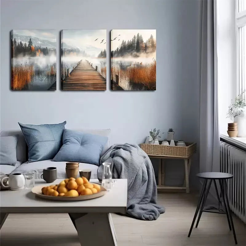 3pcs Peaceful Lake, A Wooden Bridge Wall Art Set Canvas Framed 40x60cm - High Quality Print 100% Australian Made Wall Canvas Ready to Hang