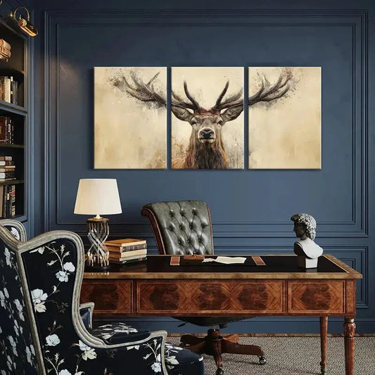 3pcs Artistic Deer Portrait Abstract Antlers Wild Metal Print Ready to Hang Art