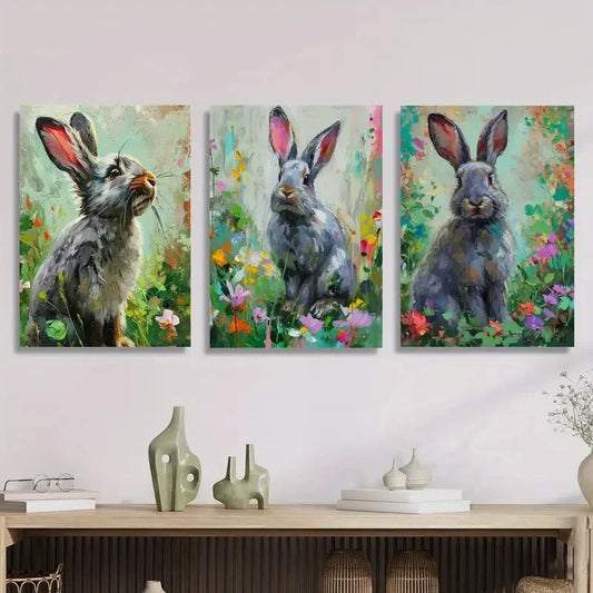 3pcs ,Watercolor Silver Fox & Bunnies in WildfloweMetal Print Ready to Hang Art