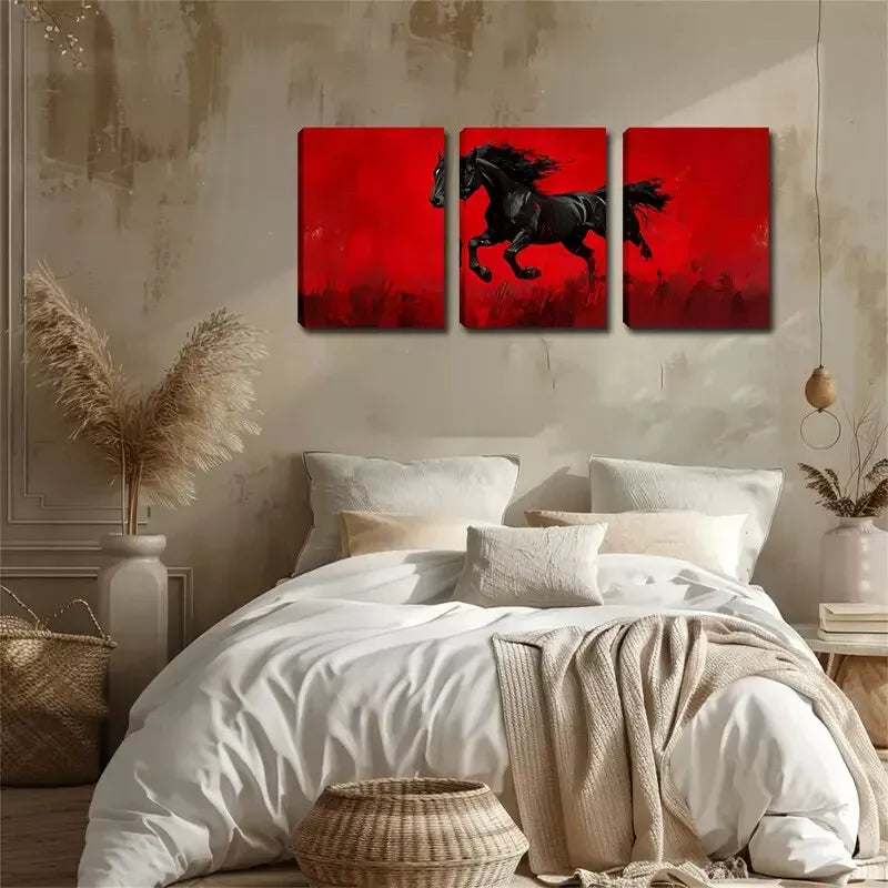 3pcs Red Background, Black Horse Wall Art Set Canvas Framed 40x60cm - High Quality Print 100% Australian Made Wall Canvas Ready to Hang