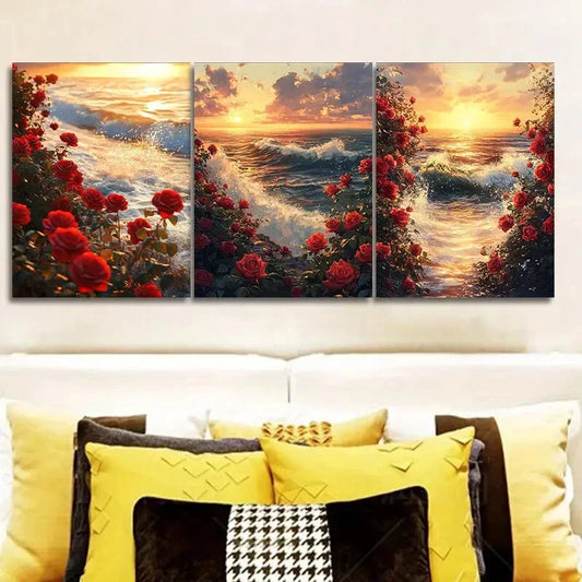 3pcs Sunset Seascape with Vibrant Red Roses Metal Print Ready to Hang Art