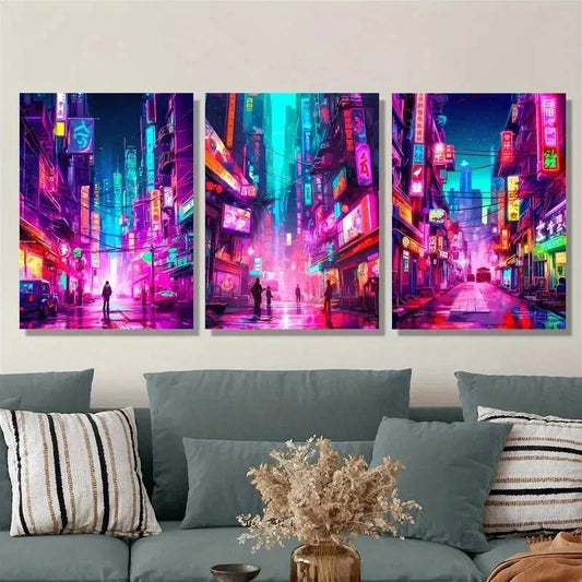 3pcs Cyberpunk city streets under neon lights, Metal Print Ready to Hang Art
