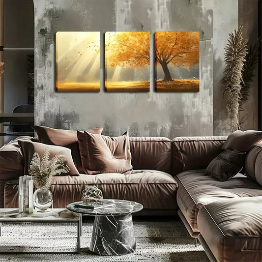 3pcs Stunning Artwork, Yellow Leaf Tree, Sun, Wall Art Set Canvas Framed 40x60cm - High Quality Print 100% Australian Made Wall Canvas Ready to Hang