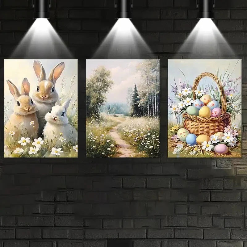 3pcs Spring Bunny & Easter Basket Metal Print Ready to Hang Art