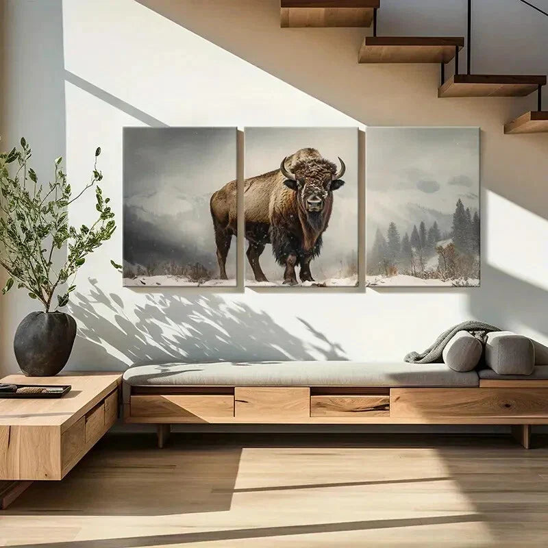 3pcs Majestic Winter Bull with Snowy Mountains Metal Print Ready to Hang Art