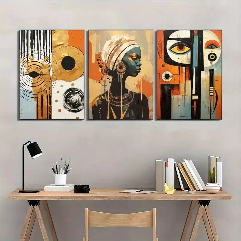 3pcs African Ethnic Mural Abstract Art Style Metal Print Ready to Hang Art