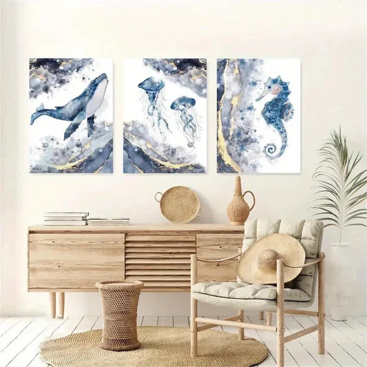 3pcs Ocean Sea life Whale Jelly Fish Seahorse Metal Print Ready to Hang Art