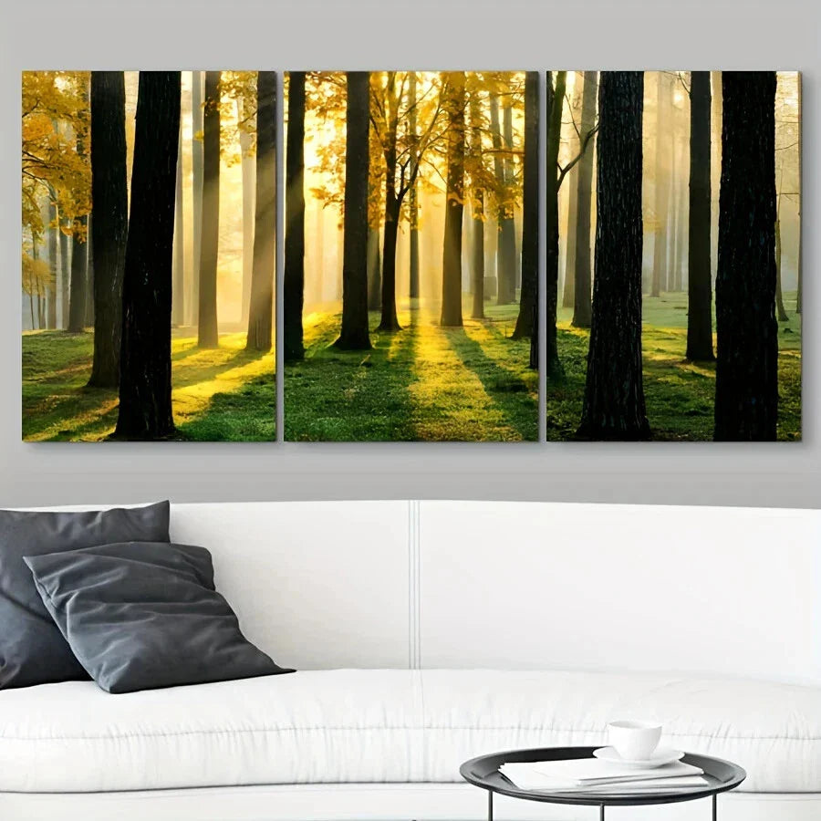 3pcs Forest Trees Sunshine Mid Century Modern Metal Print Ready to Hang Art