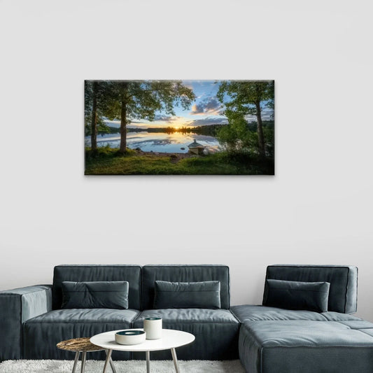 Trees Boat Lake Forest Wall Art Canvas Office Home Room Framed 80x45cm