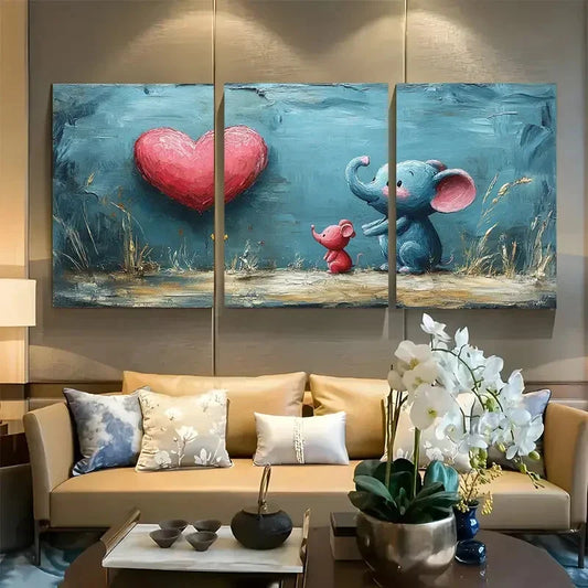 3pcs Adorable Baby Elephant and Mouse Friendship Metal Print Ready to Hang Art