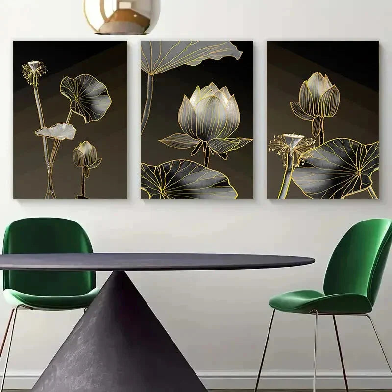 3pcs Black and Golden Lotus Floral Metal Print Ready to Hang Art