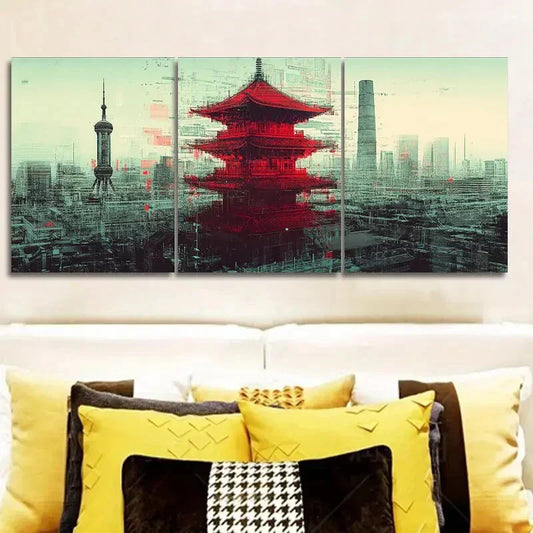 3pcs Chinese-Style Tower Modern Classic Design Wall Art Set Canvas Framed 40x60cm - High Quality Print 100% Australian Made Wall Canvas Ready to Hang