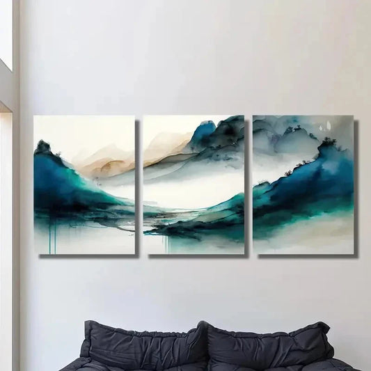 3pcs Green mountains in the fog Metal Print Ready to Hang Art