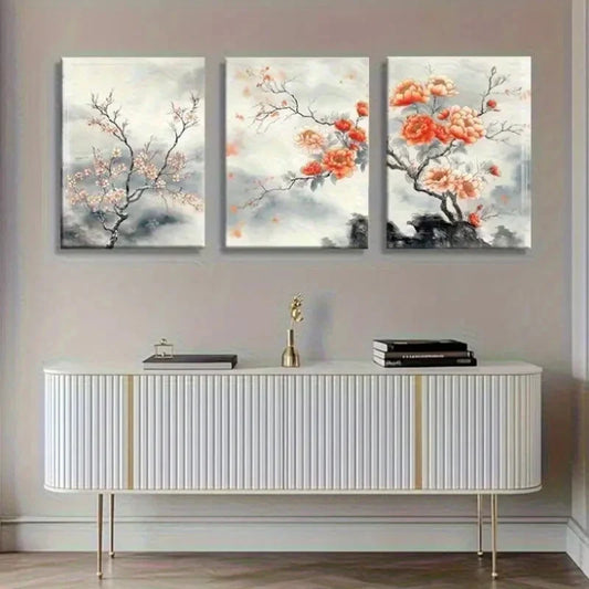 3pcs Chinese Peach And Cherry Blossom Artwork Metal Print Ready to Hang Art