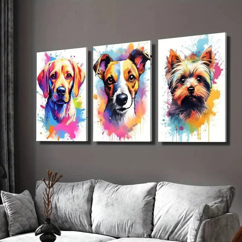 3pcs Vibrant Dog Portrait Adorable Puppies Wall Art Set Canvas Framed 40x60cm - High Quality Print 100% Australian Made Wall Canvas Ready to Hang