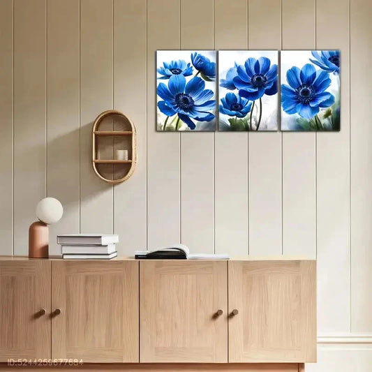 3pcs Design with Vibrant Blue Petals and Green Metal Print Ready to Hang Art
