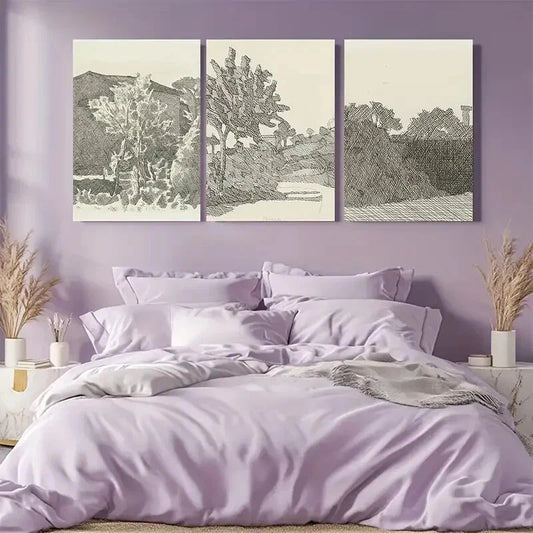 3pcs Sketch Country Landscape by Morandi Metal Print Ready to Hang Art