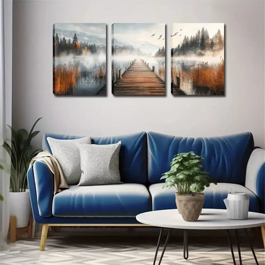 3pcs Peaceful Lake, A Wooden Bridge Wall Art Set Canvas Framed 40x60cm - High Quality Print 100% Australian Made Wall Canvas Ready to Hang
