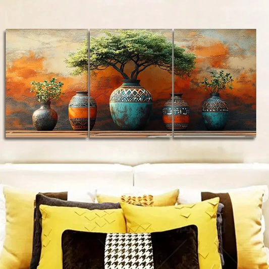 3pcs African Vases for Home Painting Metal Print Ready to Hang Art