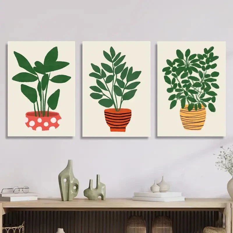 3pcs Painting of leaves growing in pot plant Metal Print Ready to Hang Art