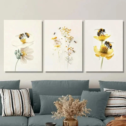 3pcs Flowers And Bees, Watercolor Floral Insect Metal Print Ready to Hang Art