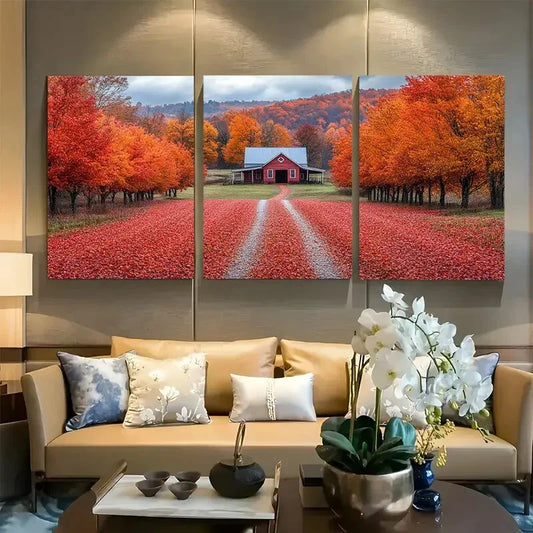 3pcs Autumn Apple Orchard with Rows Of Trees Metal Print Ready to Hang Art
