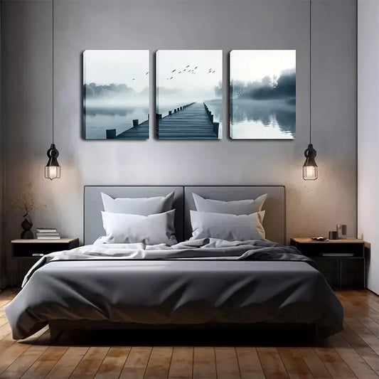3pcs Serene Misty River Scene with Birds Wall Art Set Canvas Framed 40x60cm - High Quality Print 100% Australian Made Wall Canvas Ready to Hang