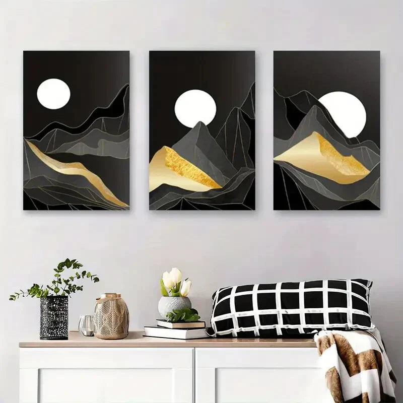 3pcs Black & Golden Mountain Design Metal Print Ready to Hang Art