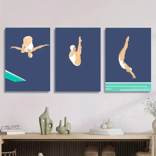 3pcs Swimming Art, Springboard Diving Metal Print Ready to Hang Art