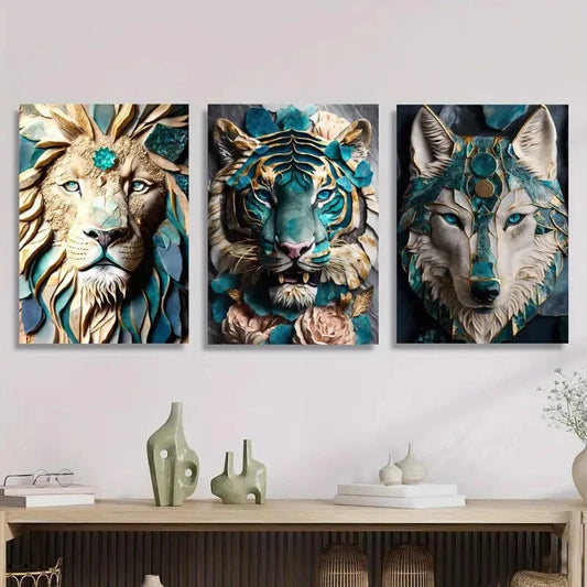 3pcs Abstract woodland animal portrait, blue Metal Print Ready to Hang Art