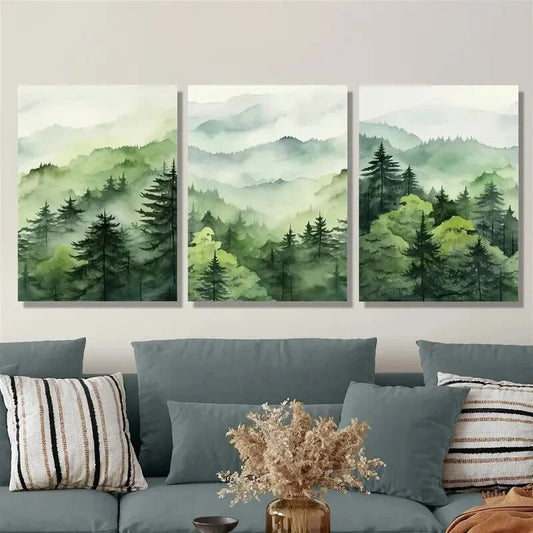 3pcs Green forest natural landscape watercolor Metal Print Ready to Hang Art