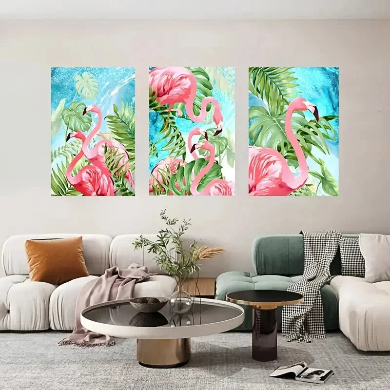 3pcs Three Pink Flamingo Family Metal Print Ready to Hang Art
