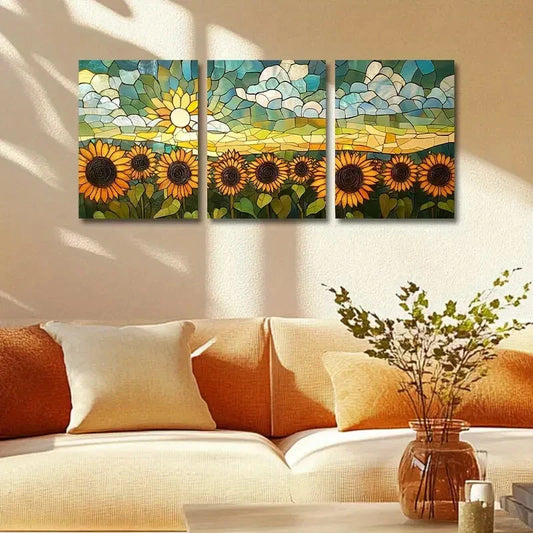 3pcs Vibrant Yellow & Orange Sunflowers in a Field Design Metal Print Ready to Hang Art