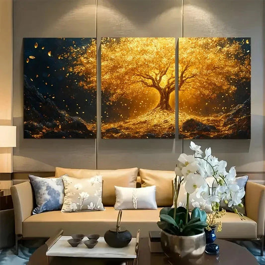 3pcs Vibrant Modern Fantasy Golden Tree Metal Print Ready to Hang Art