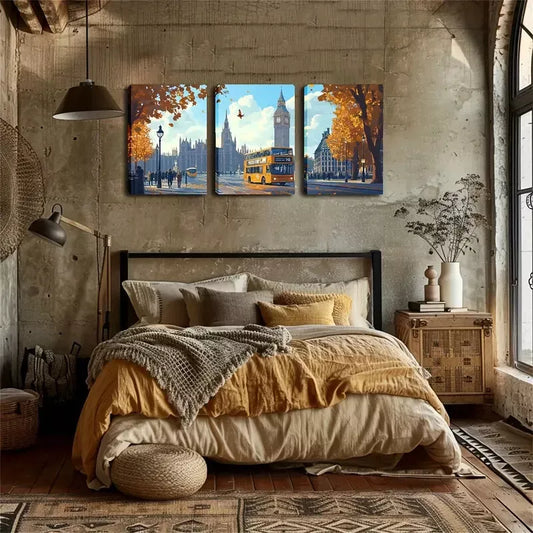 3pcs Autumn Romance, London Street Wall Art Set Canvas Framed 40x60cm - High Quality Print 100% Australian Made Wall Canvas Ready to Hang