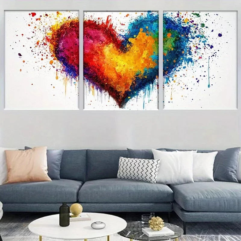 3pcs Modern Vibrant Abstract Colorful Heart Wall Art Set Canvas Framed 40x60cm - High Quality Print 100% Australian Made Wall Canvas Ready to Hang