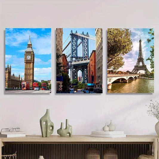 3pcs The UK, Manhattan Bridge Metal Print Ready to Hang Art